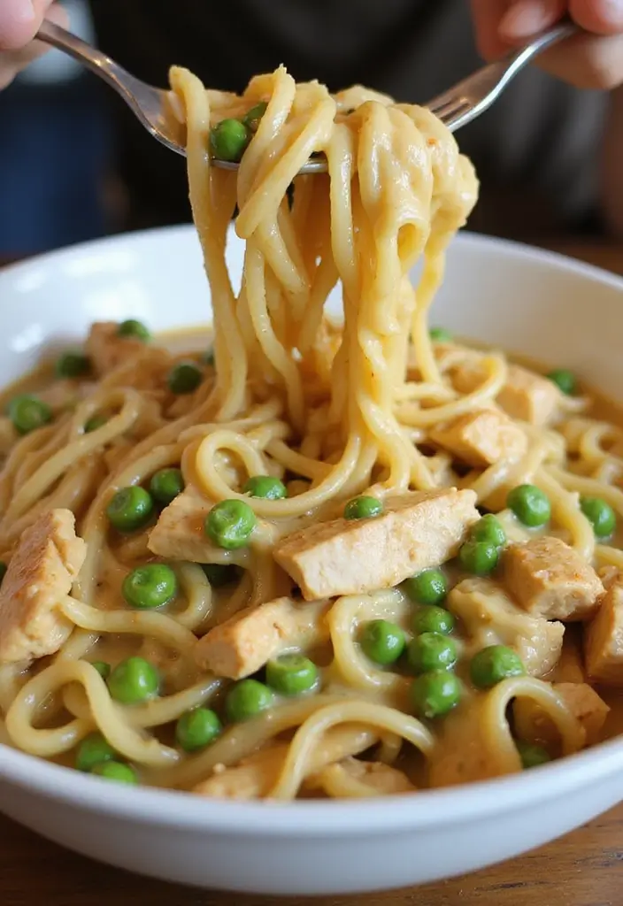 27 Creamy Chicken and Noodles Recipes That Are Cozy & Filling 13 27 Creamy Chicken and Noodles Recipes That Are Cozy & Filling - 12. Creamy Chicken and Peas Noodles