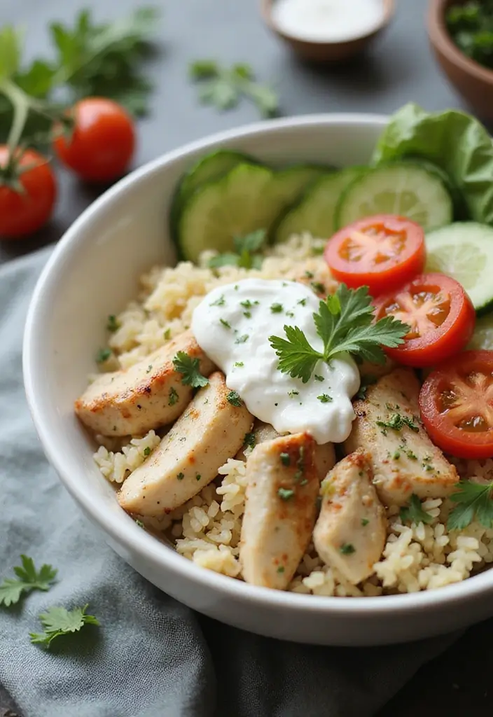 28 Chicken and Rice Bowl Recipes That Are Meal Prep Friendly 7 28 Chicken and Rice Bowl Recipes That Are Meal Prep Friendly - 6. Greek Chicken Rice Bowl with Tzatziki
