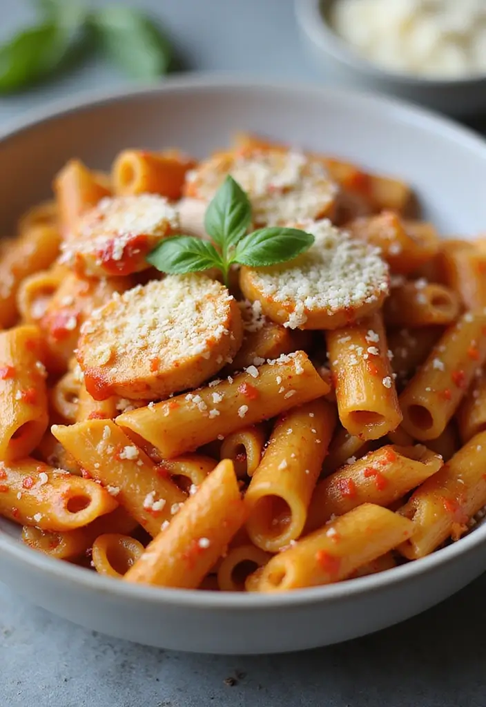 30 Pasta with Rotisserie Chicken Recipes That Use Leftovers Perfectly 14 30 Pasta with Rotisserie Chicken Recipes That Use Leftovers Perfectly - 13. Spicy Chicken Pasta with Roasted Red Pepper Sauce