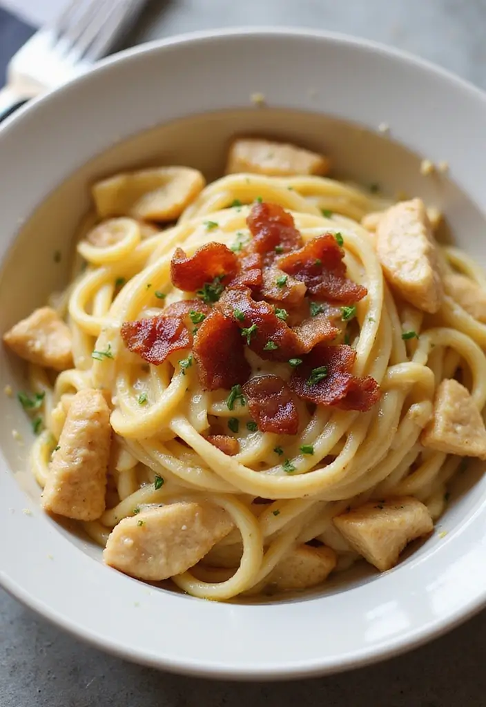 30 Pasta with Rotisserie Chicken Recipes That Use Leftovers Perfectly 17 30 Pasta with Rotisserie Chicken Recipes That Use Leftovers Perfectly - 16. Chicken Carbonara Pasta