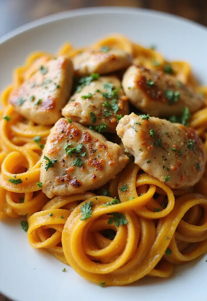 30 Pasta with Rotisserie Chicken Recipes That Use Leftovers Perfectly 27 30 Pasta with Rotisserie Chicken Recipes That Use Leftovers Perfectly - 26. Chicken and Pumpkin Pasta