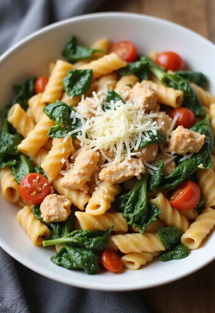 30 Pasta with Rotisserie Chicken Recipes That Use Leftovers Perfectly 5 30 Pasta with Rotisserie Chicken Recipes That Use Leftovers Perfectly - 4. One-Pot Chicken Pasta with Spinach and Tomatoes