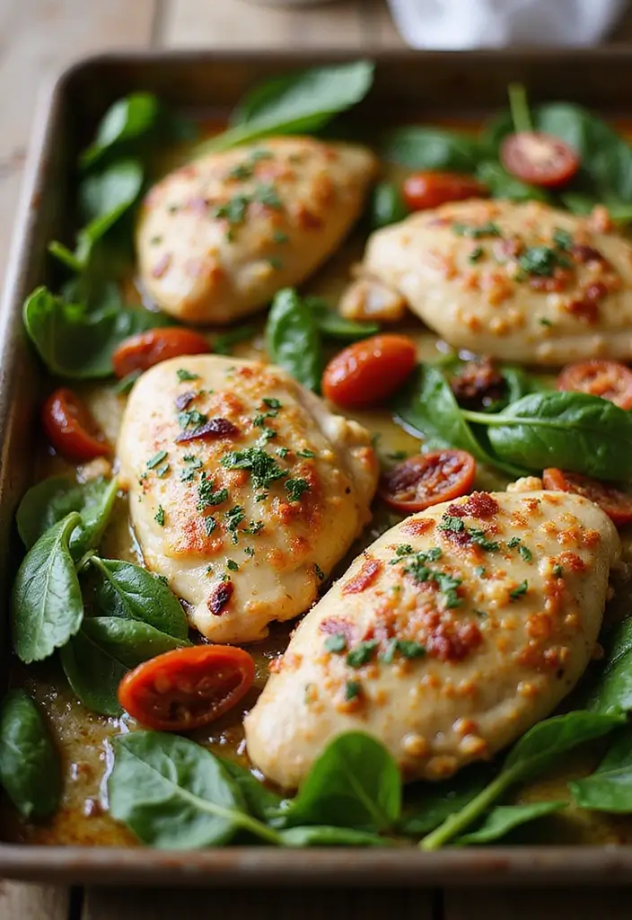 30 Sheet Pan Chicken and Veggies Recipes That Make Weeknight Dinners Easy 14 30 Sheet Pan Chicken and Veggies Recipes That Make Weeknight Dinners Easy - 13. Creamy Tuscan Chicken with Spinach