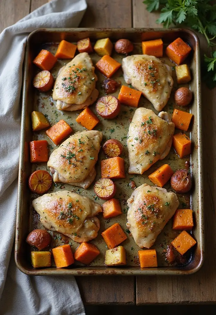 30 Sheet Pan Chicken and Veggies Recipes That Make Weeknight Dinners Easy 22 30 Sheet Pan Chicken and Veggies Recipes That Make Weeknight Dinners Easy - 21. Herb Garlic Chicken with Roasted Root Vegetables