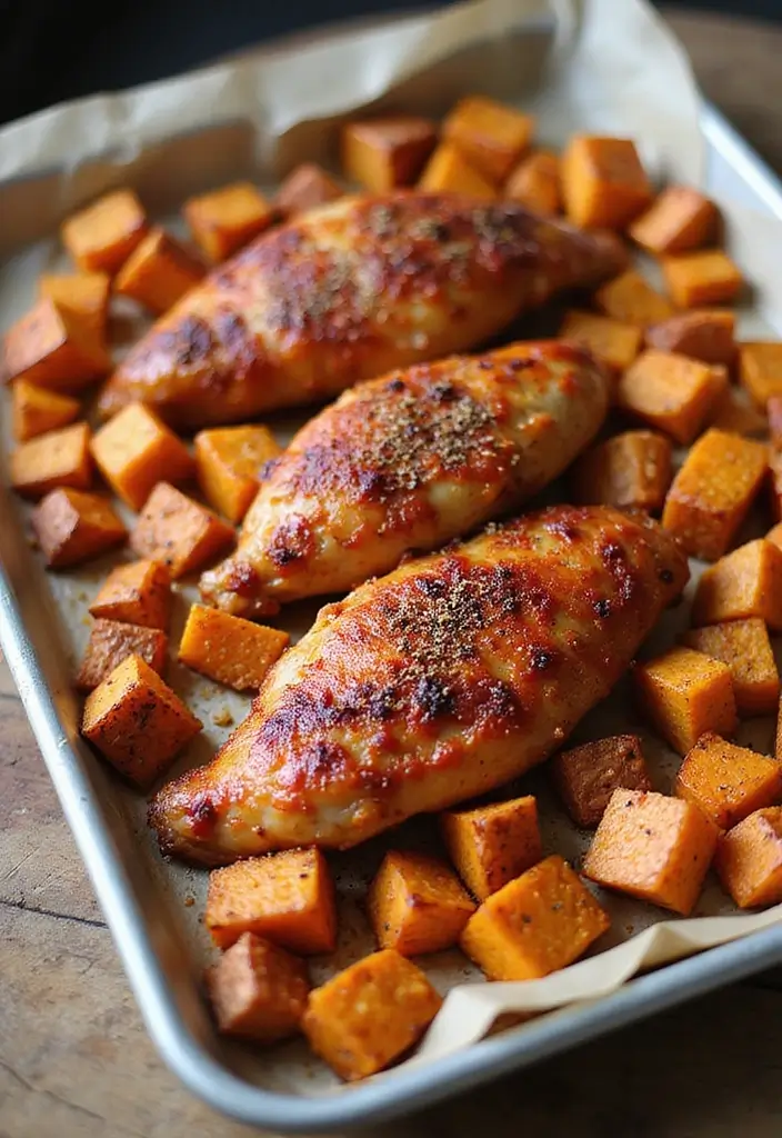 30 Sheet Pan Chicken and Veggies Recipes That Make Weeknight Dinners Easy 5 30 Sheet Pan Chicken and Veggies Recipes That Make Weeknight Dinners Easy - 4. Spicy Cajun Chicken with Sweet Potatoes