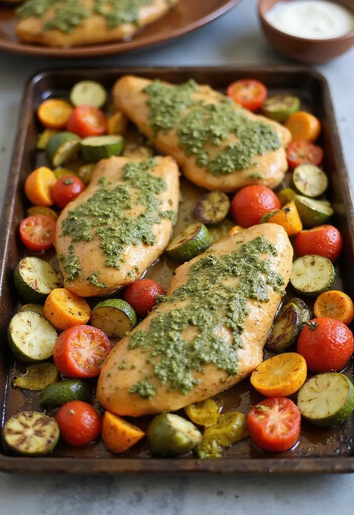 30 Sheet Pan Chicken and Veggies Recipes That Make Weeknight Dinners Easy 10 30 Sheet Pan Chicken and Veggies Recipes That Make Weeknight Dinners Easy - 9. Pesto Chicken with Roasted Vegetables