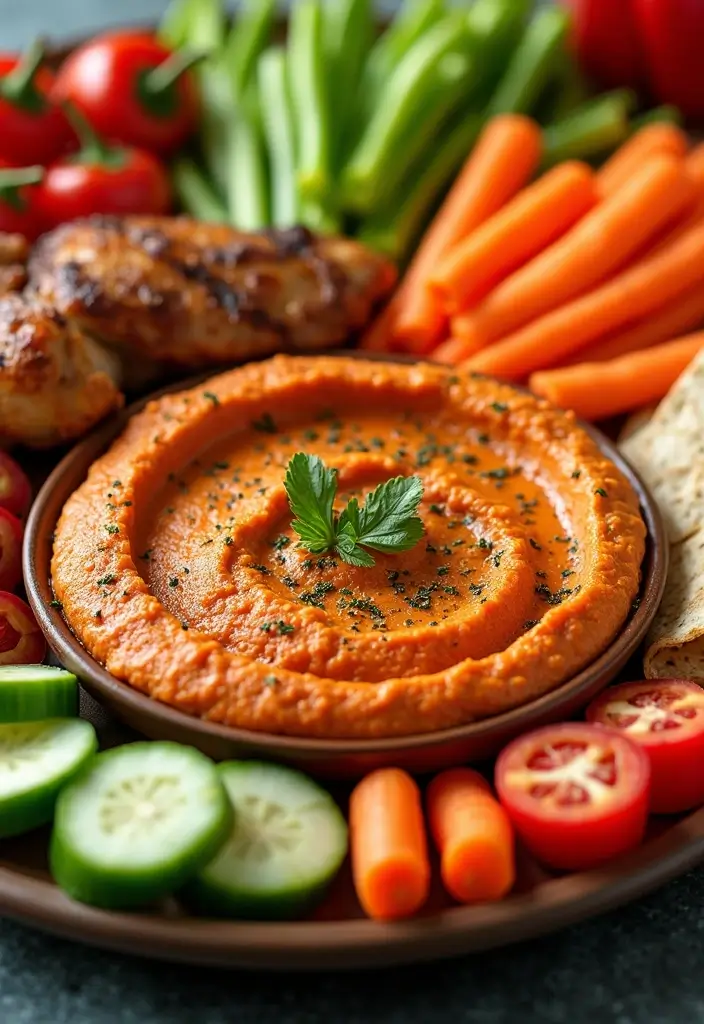 30 Sides for Smoked Chicken That Add Crunch & Color 29 30 Sides for Smoked Chicken That Add Crunch & Color - 28. Roasted Red Pepper Hummus with Veggies