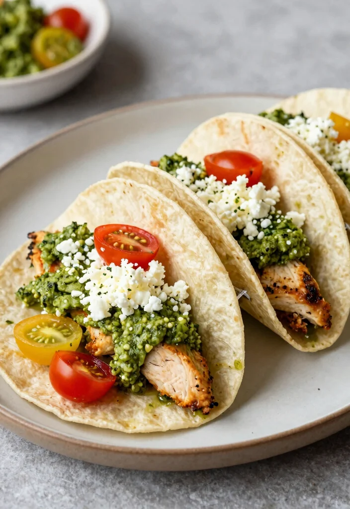 17 Crowd-Pleasing Crockpot Chicken Taco Recipes for Healthy Dinners - 12. Pesto Chicken Tacos 1