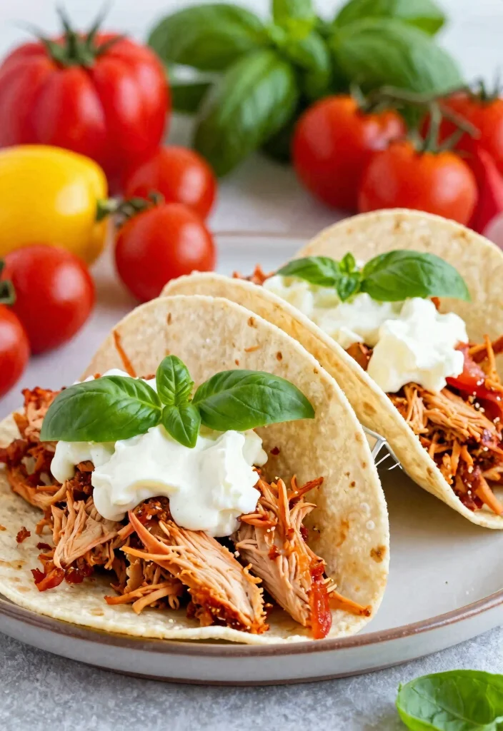 17 Crowd-Pleasing Crockpot Chicken Taco Recipes for Healthy Dinners - 14. Tomato Basil Chicken Tacos 1